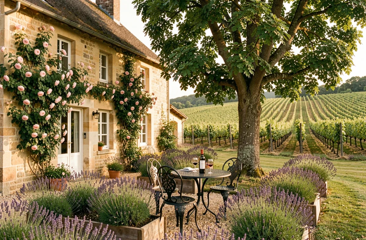 Jardin de La Closerie Saint Vincent à Mesland, avec table en fer forgé, rosiers grimpants et rangées de vignes sur le coteau