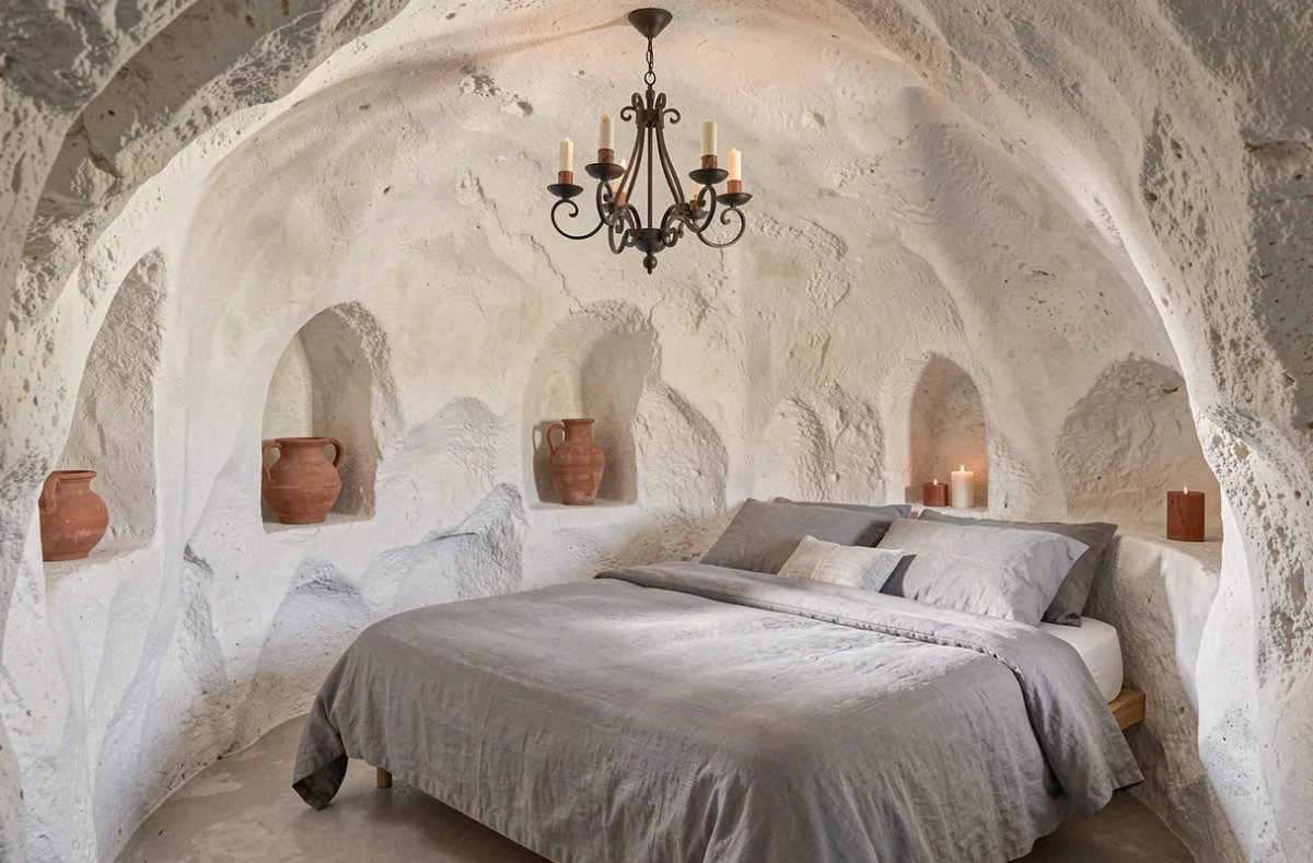 Chambre troglodyte en tuffeau blanc de La Folie Saint Julien à Saint-Julien-de-Chédon, avec lit en lin gris et niche en pierre