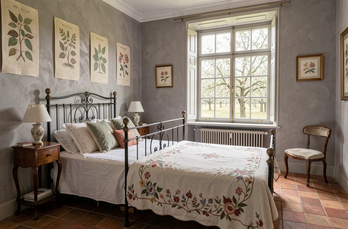 Chambre romantique du Détour à Channay-sur-Lathan avec lit en fer forgé, carrelage ancien et vue sur verger en fleurs