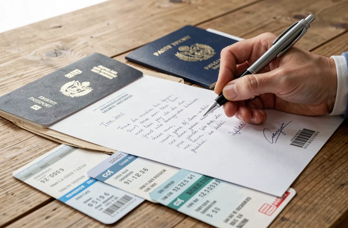 Main rédigeant une réclamation à côté d'un passeport et de billets