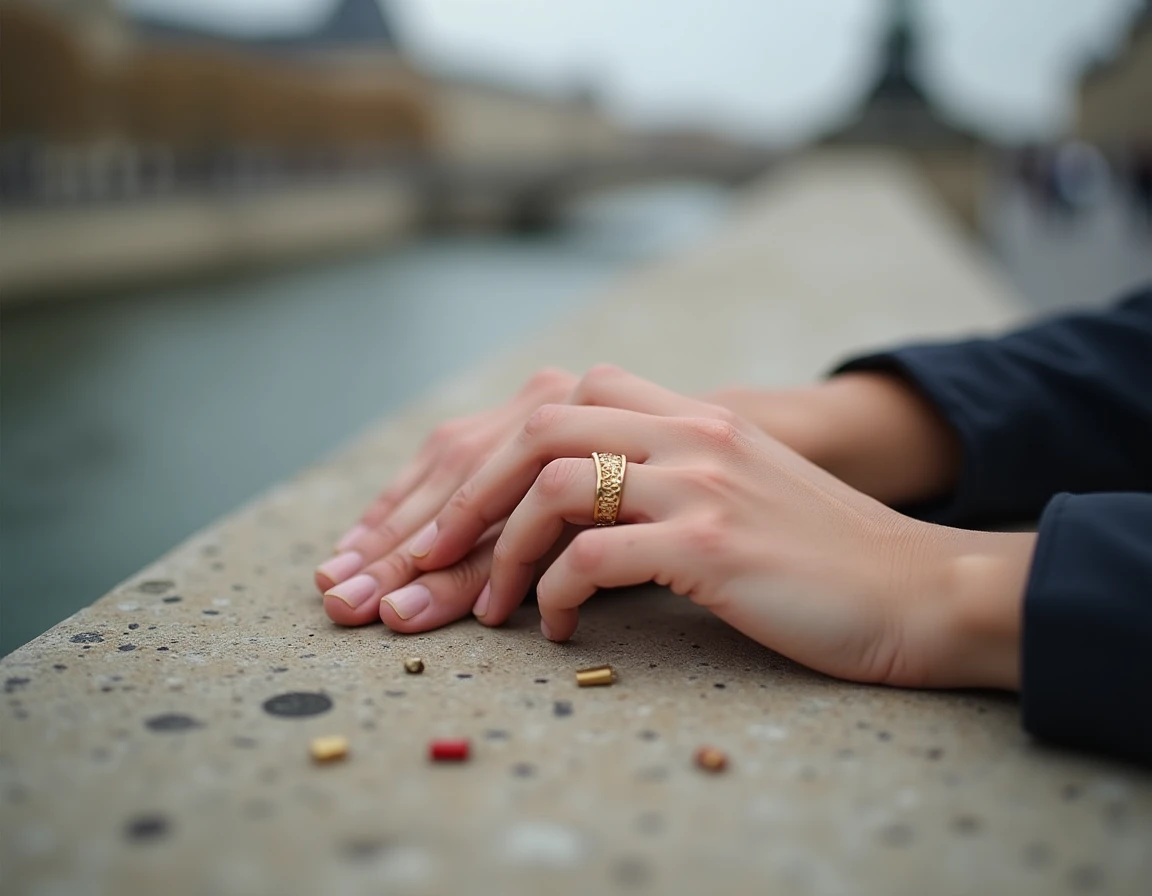 Gros plan de deux mains enlacées sur le parapet du Pont des Arts à Paris avec la Seine et le Louvre flous en arrière-plan