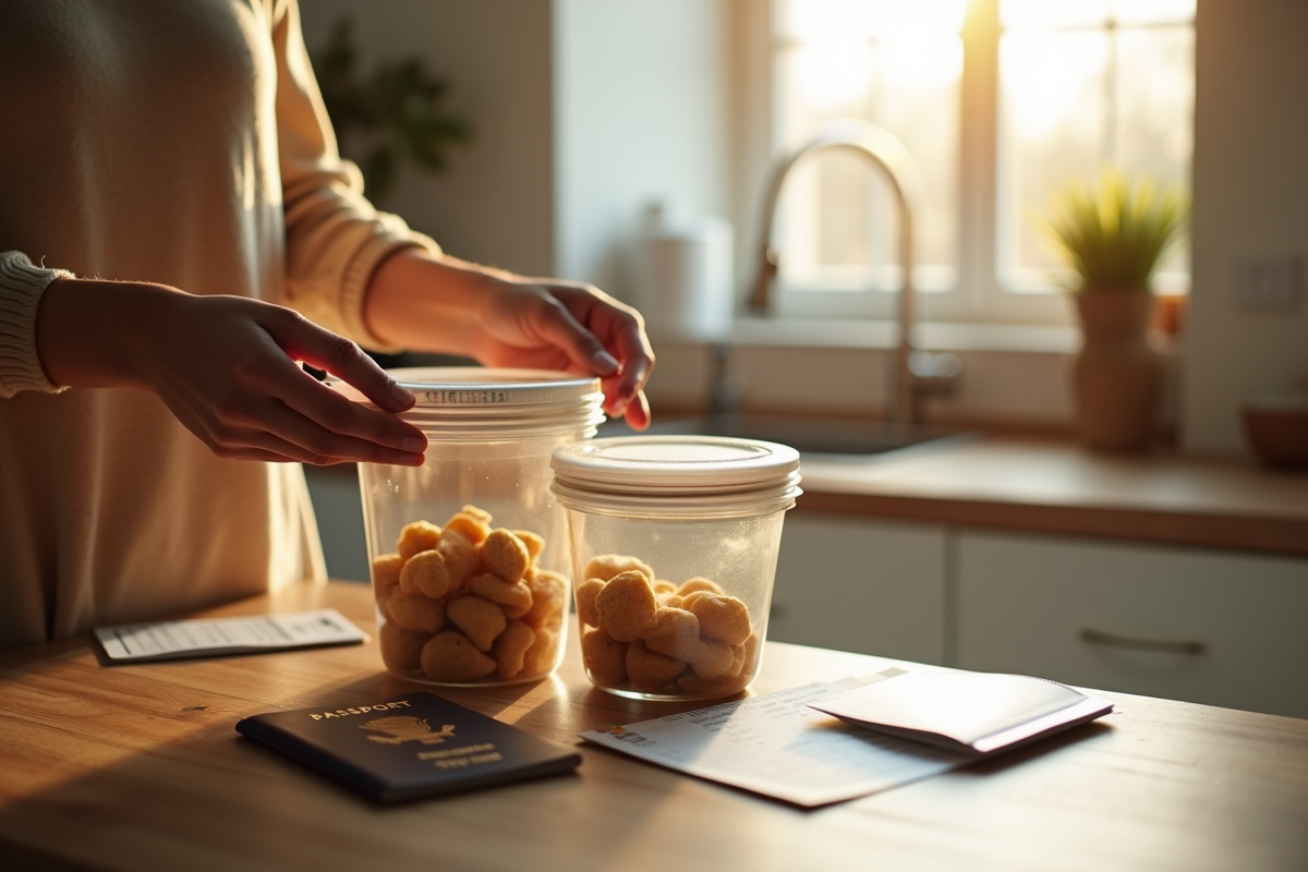Mains préparant des contenants alimentaires pour voyager