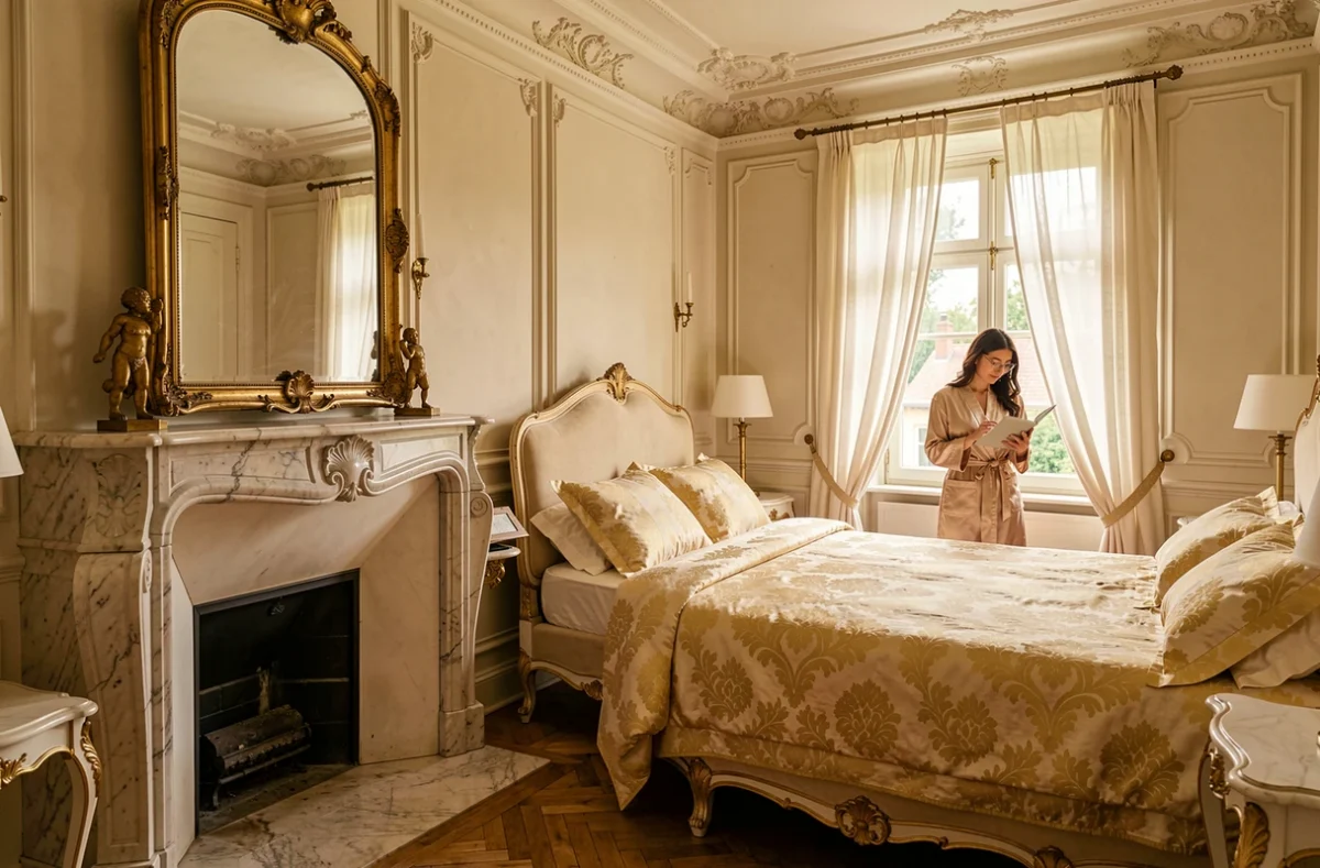 Chambre raffinée de La Maison d'Or avec lit sculpté Louis XVI, miroir doré et parquet en chevrons