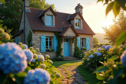 Charmante maison en pierre avec volets bleus en Normandie
