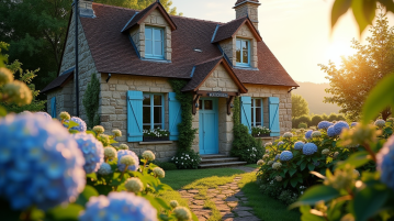 Charmante maison en pierre avec volets bleus en Normandie