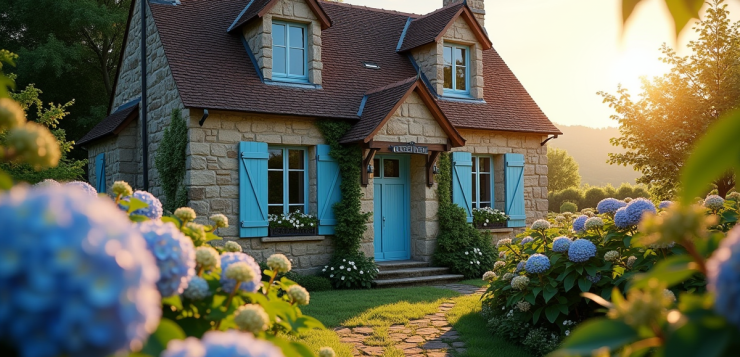 Charmante maison en pierre avec volets bleus en Normandie