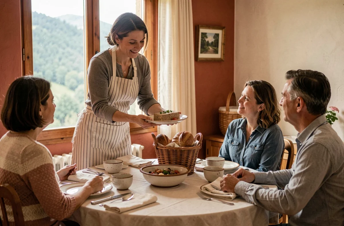 Salle à manger de La Maison des Monts d'Or avec hôte servant une terrine à des convives devant une fenêtre forestière