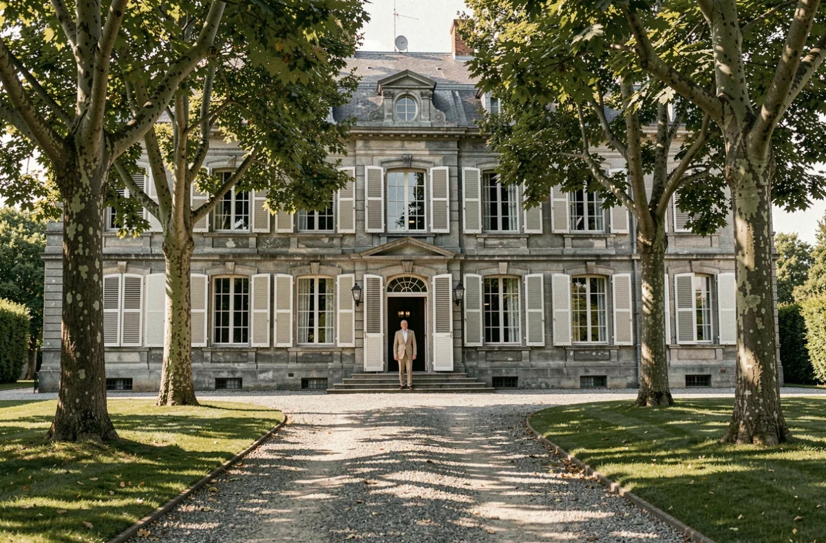 Façade du Manoir de Tourville en pierre calcaire grise avec allée de platanes et homme à l'entrée