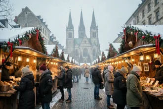 Marché de Noël traditionnel de Speyer avec la cathédrale romane en arrière-plan sous un ciel hivernal