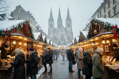 Marché de Noël traditionnel de Speyer avec la cathédrale romane en arrière-plan sous un ciel hivernal