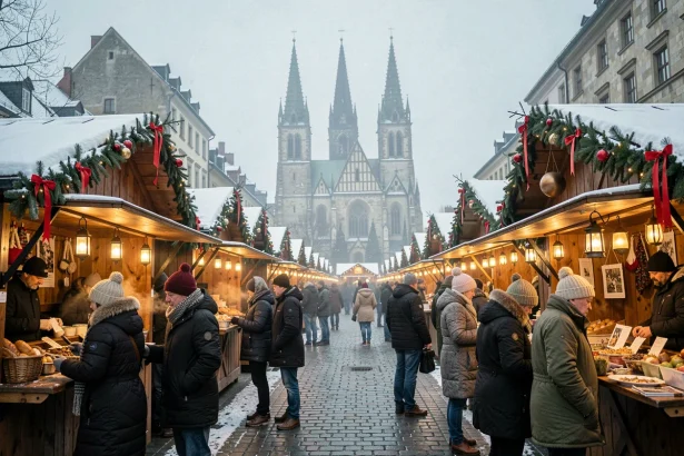 Marché de Noël traditionnel de Speyer avec la cathédrale romane en arrière-plan sous un ciel hivernal