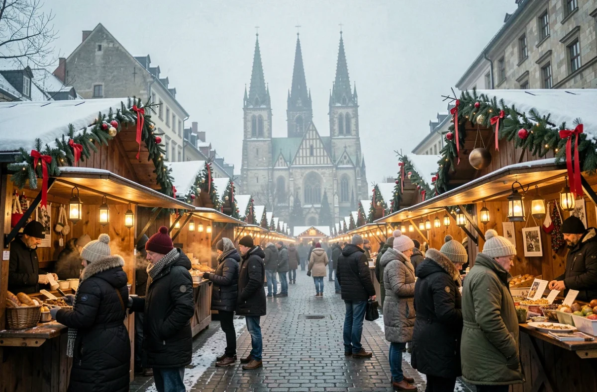 Marché de Noël traditionnel de Speyer avec la cathédrale romane en arrière-plan sous un ciel hivernal