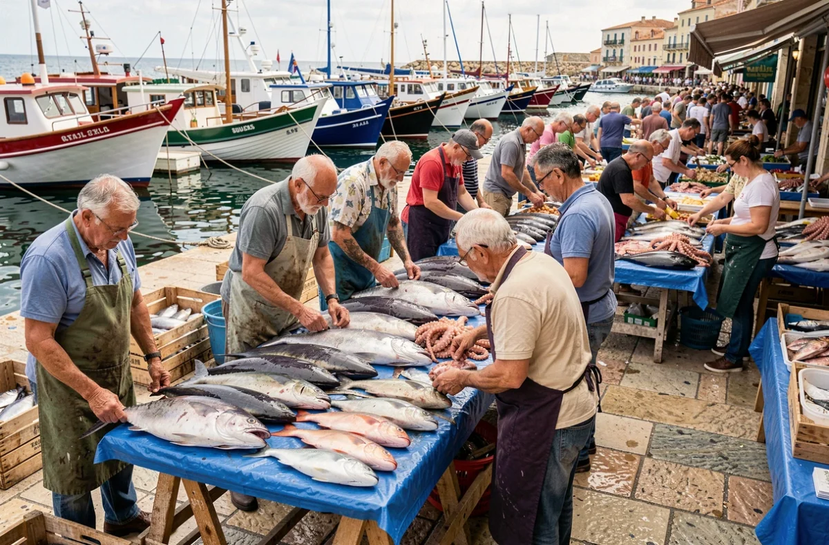 Marché aux poissons du dimanche matin sur le front de mer de Marsaxlokk avec pêcheurs et étals de fruits de mer frais