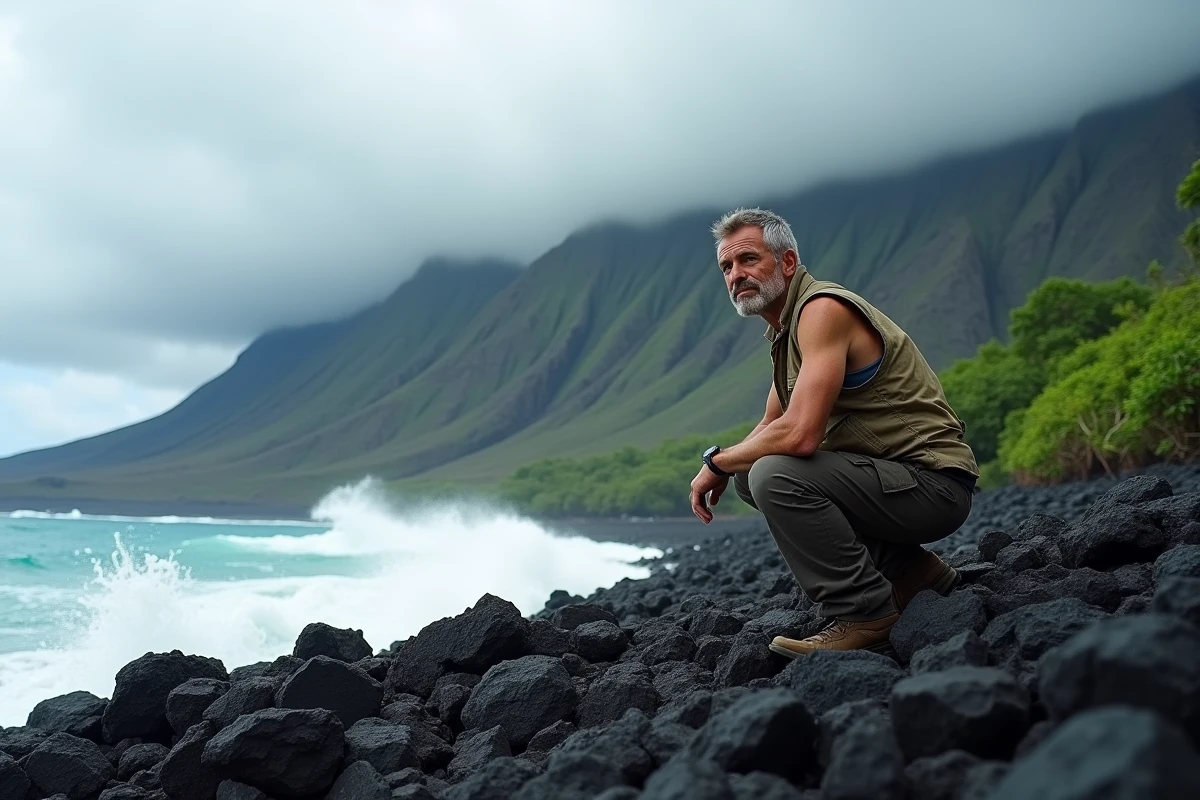 Géologue au pied du Mauna Kea sur la côte volcanique d'Hawaï, illustrant le critère de hauteur totale mesuré depuis la base sous-marine jusqu'au sommet