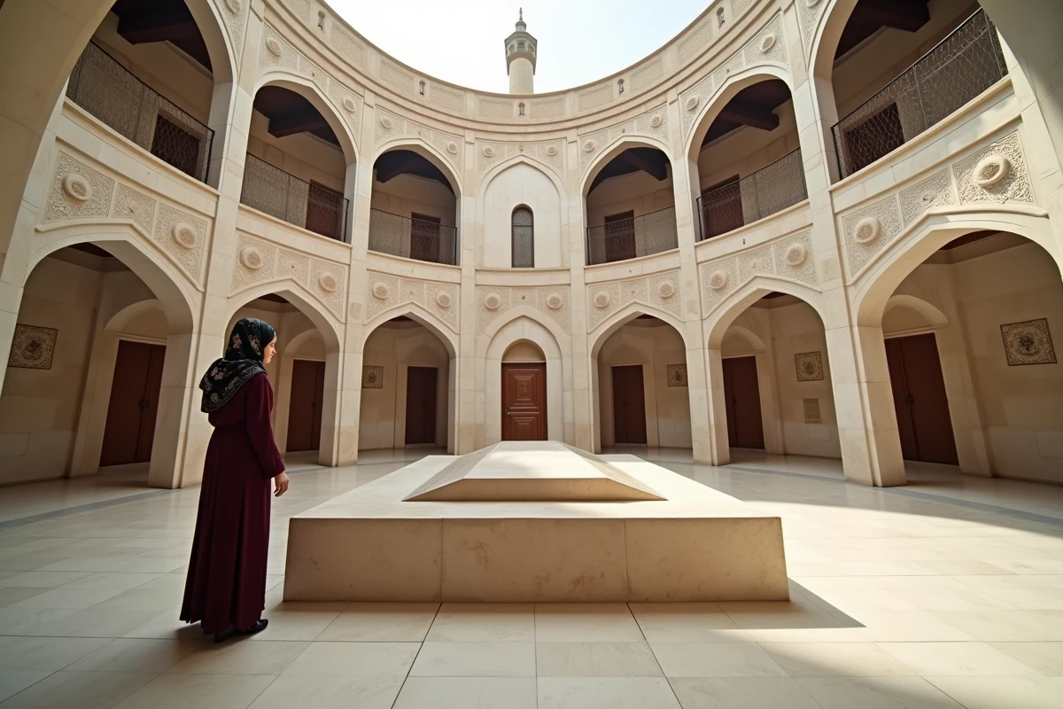 Femme en visite au mausolée d'Avicenne à Hamadan, intérieur en marbre et architecture persane