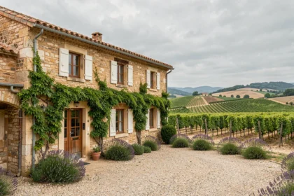 Vue générale d'une chambre d'hôtes en pierre typique du Rhône avec vignes et collines en arrière-plan