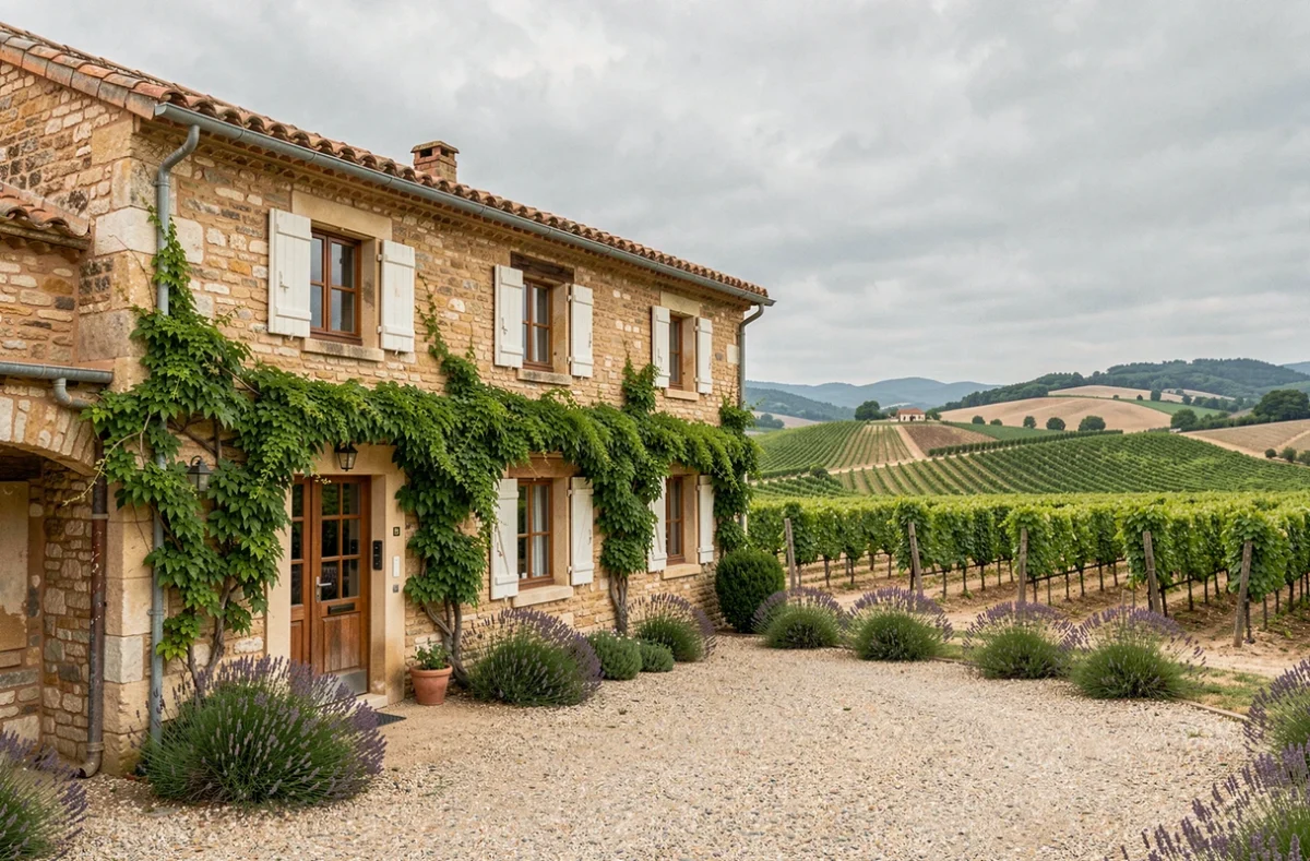 Vue générale d'une chambre d'hôtes en pierre typique du Rhône avec vignes et collines en arrière-plan