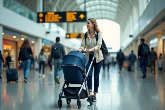 Mère avec poussette dans le terminal de l'aéroport de Madrid-Barajas pour rejoindre le centre-ville