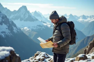 Explorateur en montagne étudiant une carte topographique devant un panorama de sommets enneigés, illustrant le débat sur la montagne la plus haute du monde