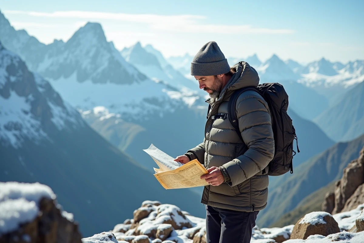Explorateur en montagne étudiant une carte topographique devant un panorama de sommets enneigés, illustrant le débat sur la montagne la plus haute du monde