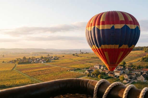 Montgolfière colorée survolant les vignobles dorés de Bourgogne en automne, vue grand angle depuis une autre nacelle