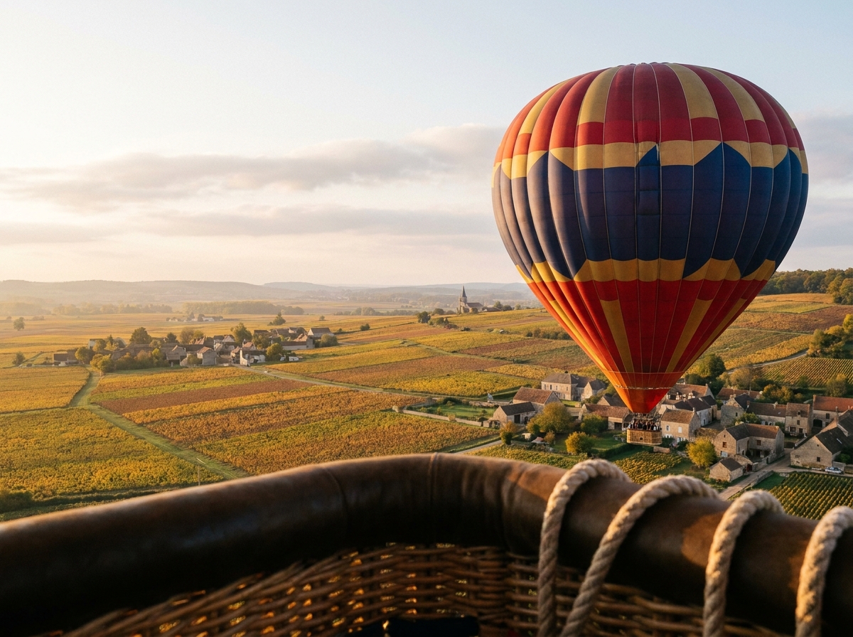 Montgolfière colorée survolant les vignobles dorés de Bourgogne en automne, vue grand angle depuis une autre nacelle