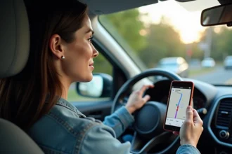 Femme utilisant une application de navigation GPS sur smartphone montée dans une voiture pour planifier un trajet routier