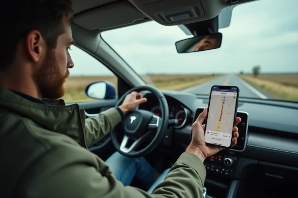 Homme consultant une application de navigation hors ligne sur smartphone monté dans une voiture en déplacement