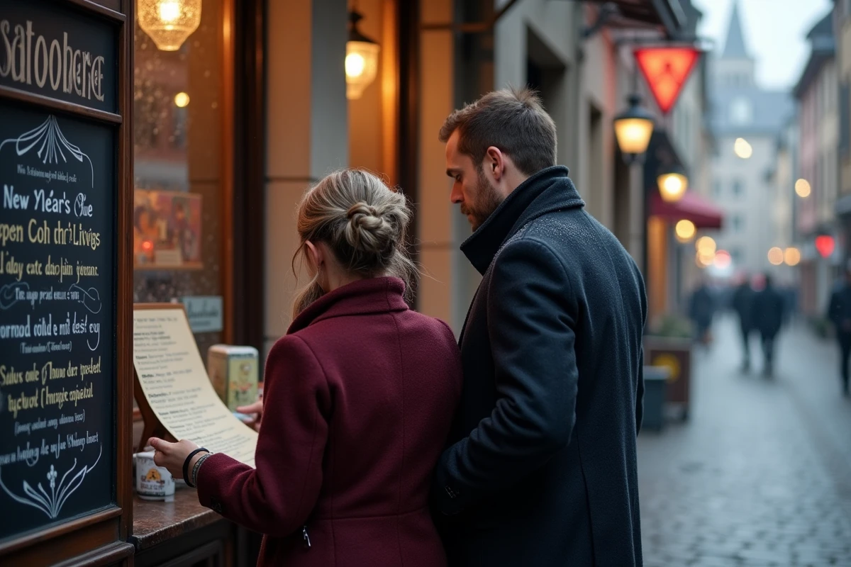 Couple consultant une affiche d'événements du Nouvel An devant une brasserie dans le quartier de la Petite France à Strasbourg