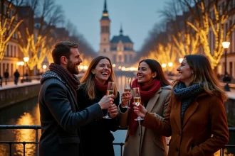 Groupe d'amis fêtant le Nouvel An sur le Pont du Corbeau à Strasbourg avec champagne et cathédrale illuminée en arrière-plan