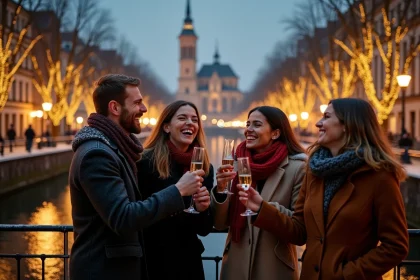 Groupe d'amis fêtant le Nouvel An sur le Pont du Corbeau à Strasbourg avec champagne et cathédrale illuminée en arrière-plan