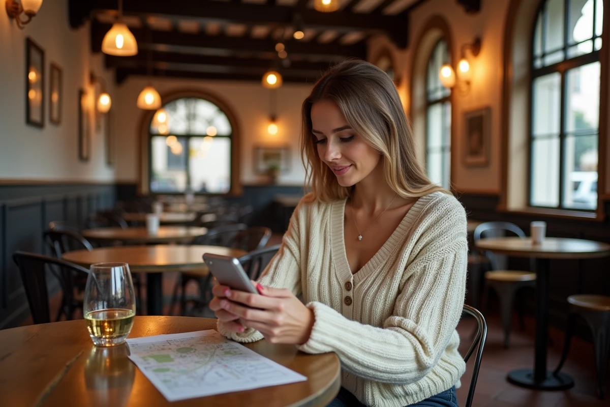 Jeune femme planifiant son Nouvel An de dernière minute sur smartphone dans un winstub alsacien chaleureux à Strasbourg