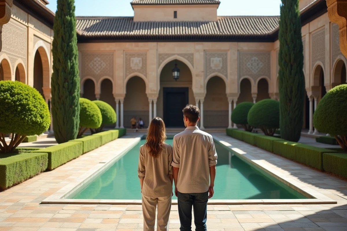 Couple admirant l'architecture mauresque d'un palais andalou avec bassin réfléchissant et arches sculptées, évoquant l'Alhambra de Grenade ou l'Alcázar de Séville