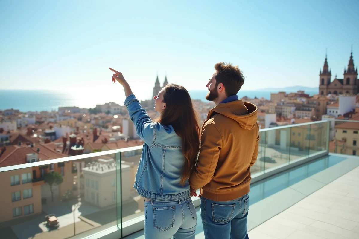 Couple admirant la vue panoramique sur le centre historique de Malaga depuis une terrasse moderne
