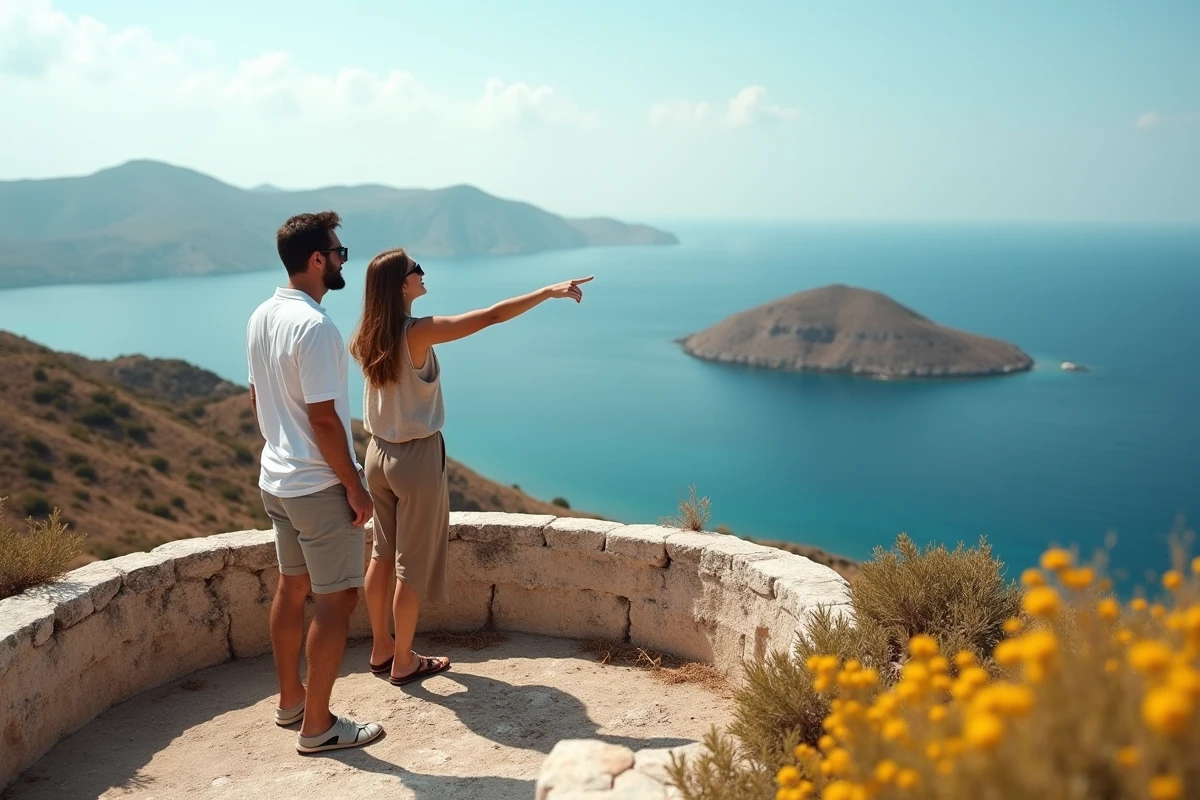 Couple de voyageurs admirant la vue panoramique sur la mer Égée et les îles du Dodécanèse depuis un belvédère