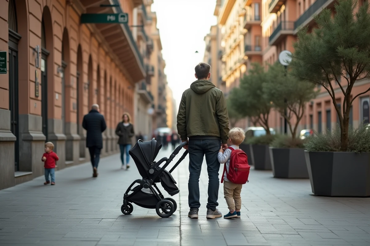 Papa et enfant à la sortie du métro en centre-ville de Madrid après l'arrivée depuis l'aéroport