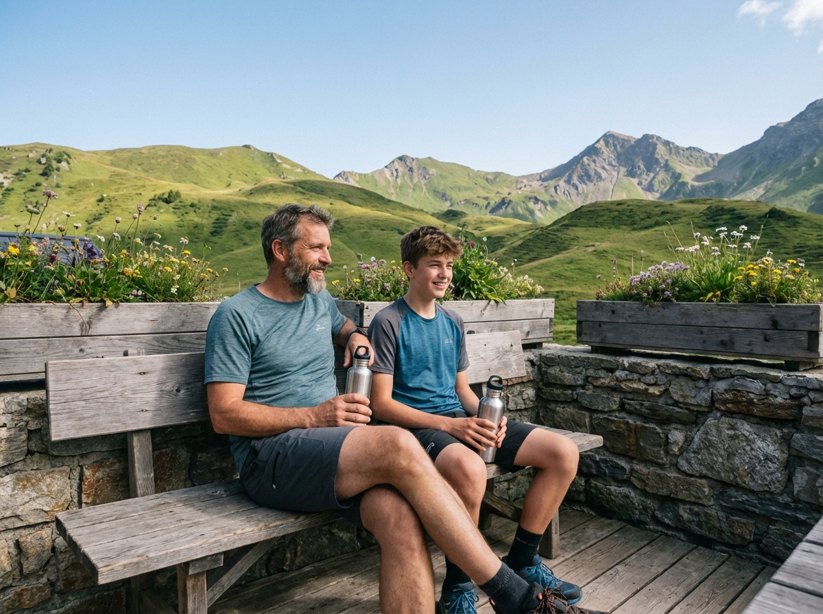 Père et fils assis sur une terrasse alpine en été