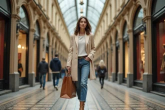 Femme élégante dans Passage Vivienne avec mosaïque et architecture