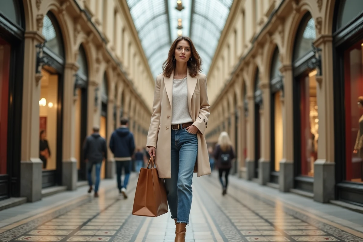 Femme élégante dans Passage Vivienne avec mosaïque et architecture