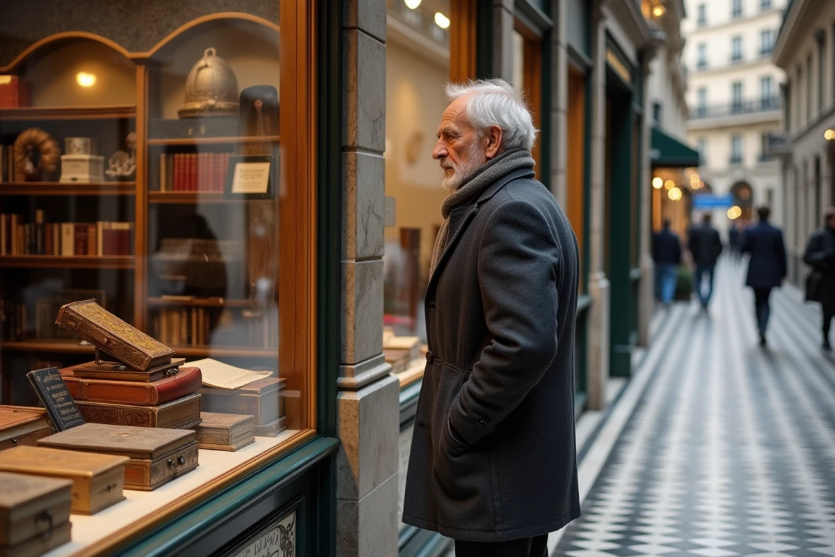 Homme âgé regardant une vitrine dans Passage Vivienne