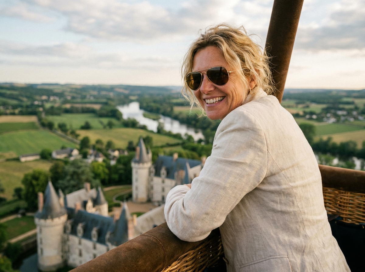 Femme souriante dans la nacelle d'une montgolfière survolant les châteaux de la Loire et la rivière en contrebas