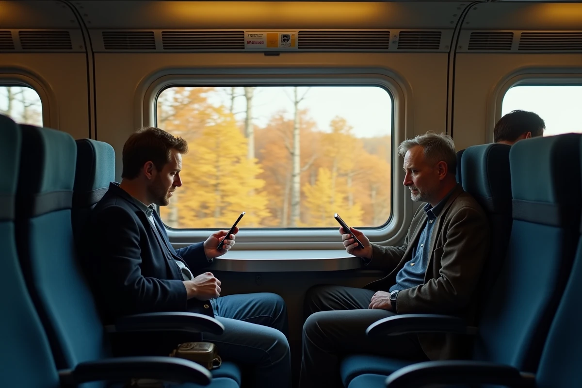 Passagers dans un train Amtrak entre New York et Boston observant le paysage automnal de la Nouvelle-Angleterre