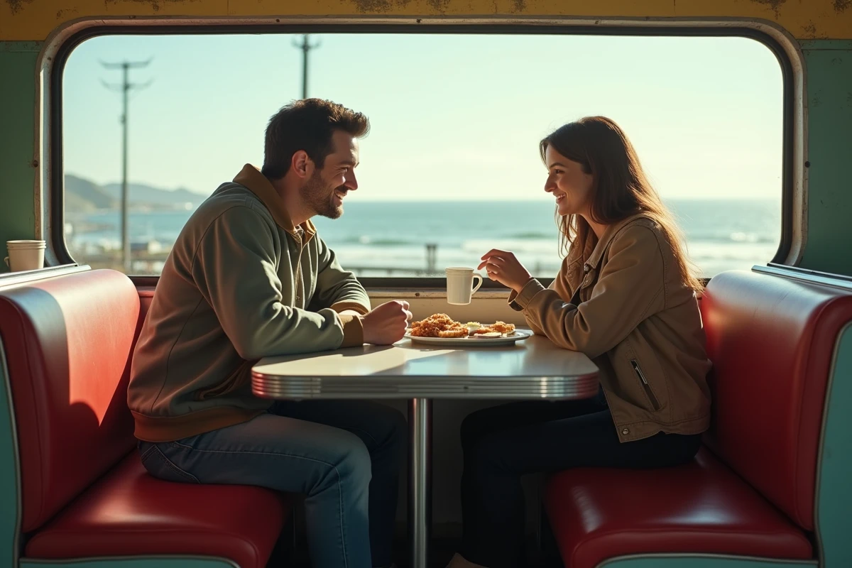 Couple faisant une pause dans un diner en bord de route lors du trajet entre Los Angeles et San Francisco