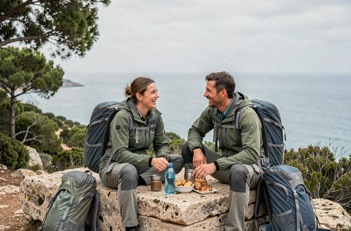 Deux randonneurs faisant une pause repas sur un rocher avec vue sur la mer à Majorque