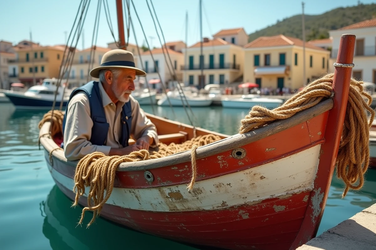 Pêcheur grec sur son bateau traditionnel dans le port d'une île du Dodécanèse