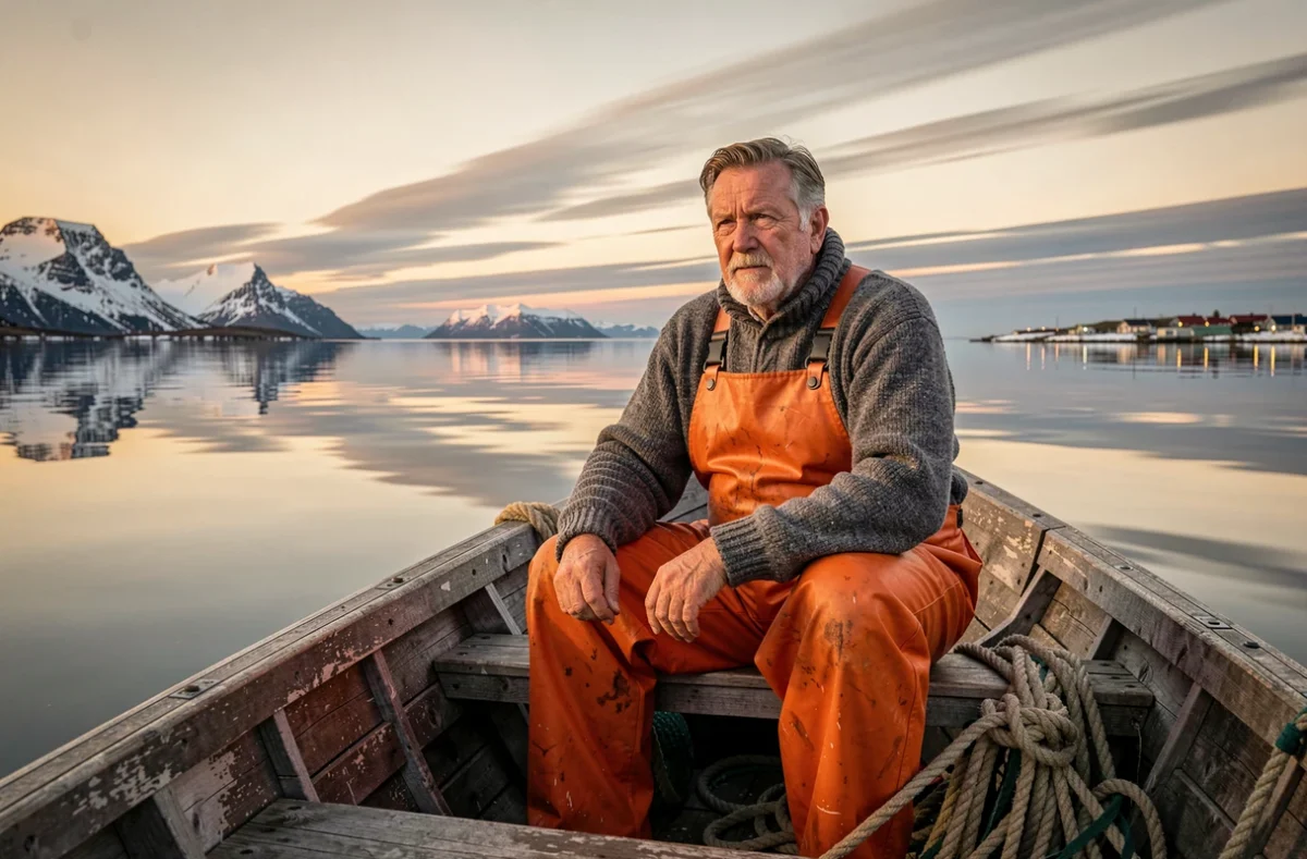Pêcheur dans un bateau sur un fjord arctique baigné par le soleil de minuit doré