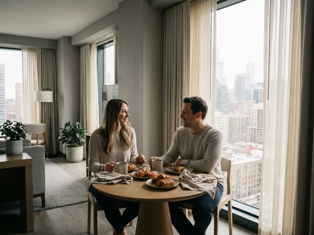 Jeune couple partageant petit déjeuner dans chambre moderne
