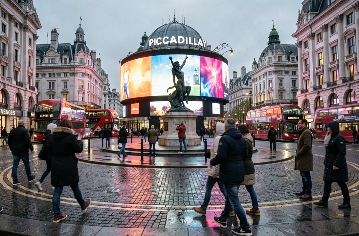 Piccadilly Circus à Londres au crépuscule avec les écrans publicitaires illuminés et les touristes sur le pavé mouillé