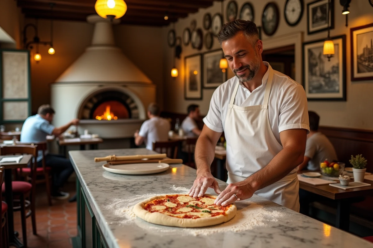 Pizzaiolo napolitain en train d'étirer la pâte à pizza à la main dans une trattoria traditionnelle de Naples
