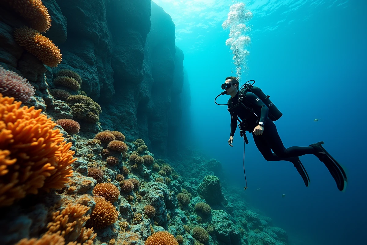Plongeur en combinaison explorant une paroi volcanique sous-marine près des îles Éoliennes en Sicile